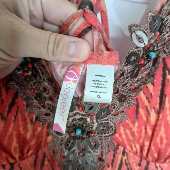 6 Degrees Y2K Boho Red Multi Print Mini Dress Womens XL Vintage Boho Western - Picture 4 of 9